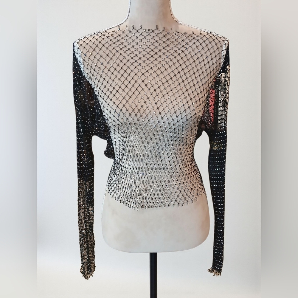 Rhinestone Fishnet Long Sleeve Tshirt  Medium Stretch Goth Emo Dark Vamp Mesh